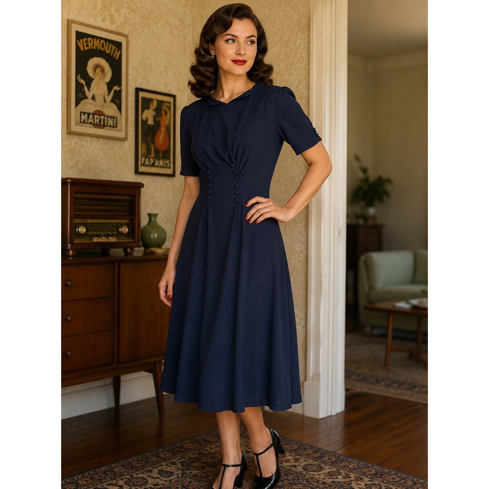 Lindy Bop Amelia Navy Blue Ruched Bodice Vintage Style Midi Dress